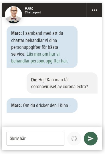 Skärmdump av en chattkonversation där personen frågar om man kan få coronaviruset av Corona Extra, och svaret är skämtsamt.