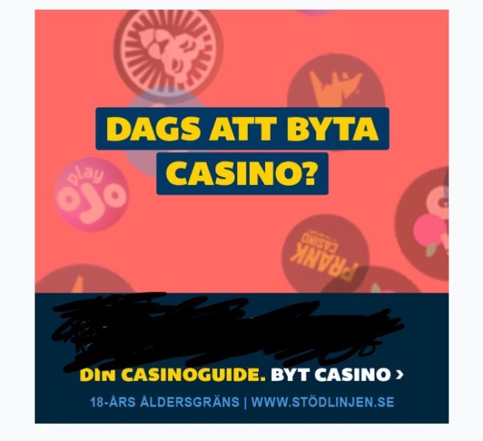 Reklambild för casinobyte med texten "Dags att byta casino?" och olika casinomärkeslogotyper i bakgrunden.