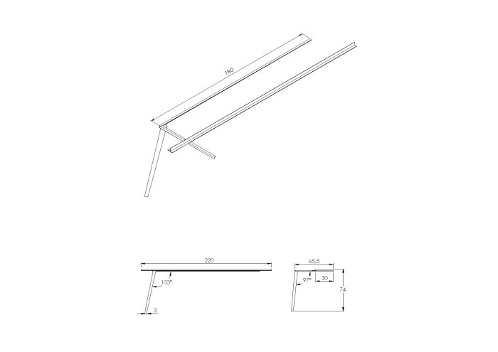 CAD-skiss av ett bord med mått, som visar underredets och benens design och vinklar.