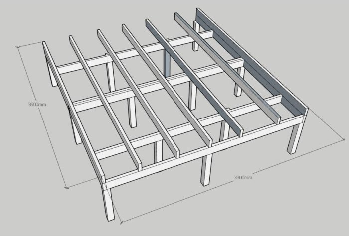 3D-modell av träkonstruktion avsedd att bära spabad, med måttangivelser, utan snedsträvor.