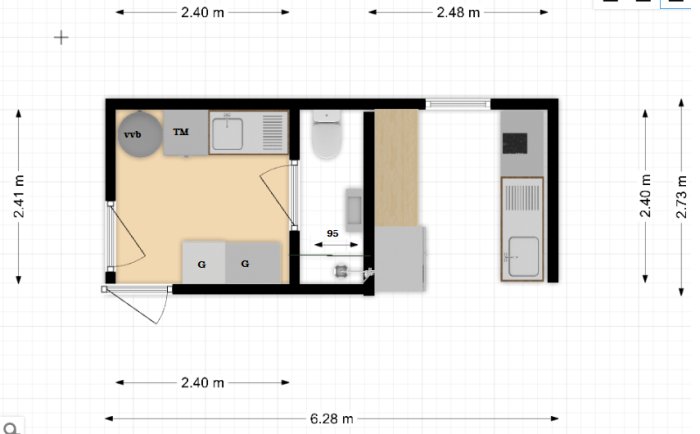 Ritning över en planlösning med mått för renovering, inkluderar vardagsrum, kök och badrum.