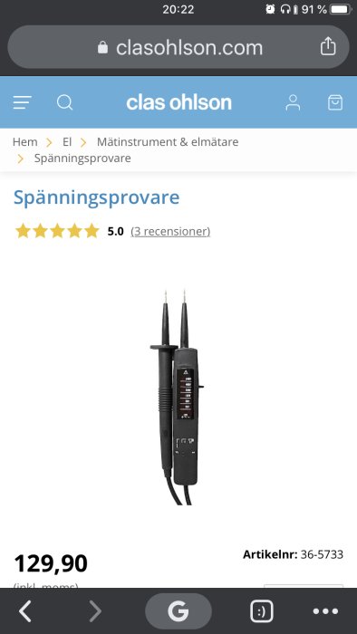 Spänningsprovare med mätområde angivet för olika spänningar, visar 240V kapacitet, på clasohlson.com med 5-stjärniga recensioner.