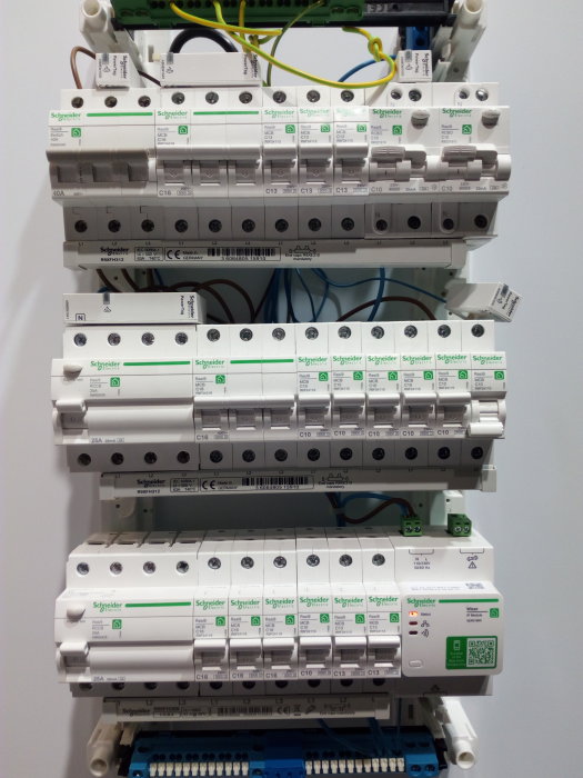 Elcentral med Schneider säkringar och en PowerTag energimätare installerade.