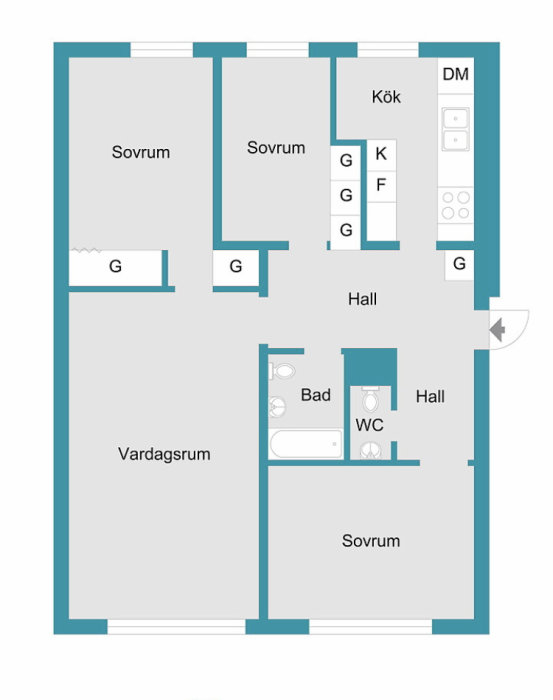 Planritning av hus med sovrum, kök, vardagsrum och badrum som visar möjlig omflyttning av dörr och VVS sedan 1954.