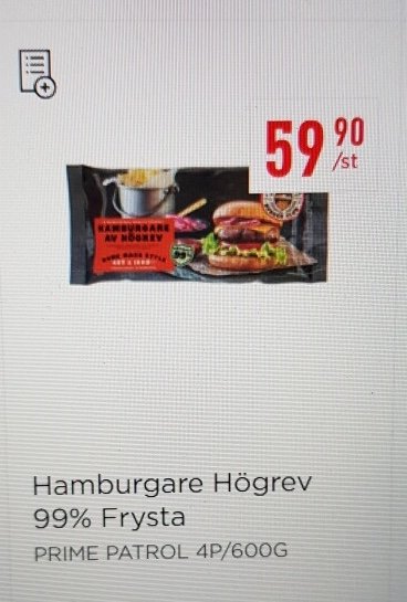 Reklamskylt för Hamburgare Högrev med priset 59,90 kr, förpackning och hamburgare visas.