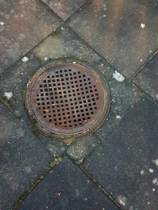 Rostig brunnslock i metall med små hål mönstrade över ytan, inbäddad i stenlagd uppfart.