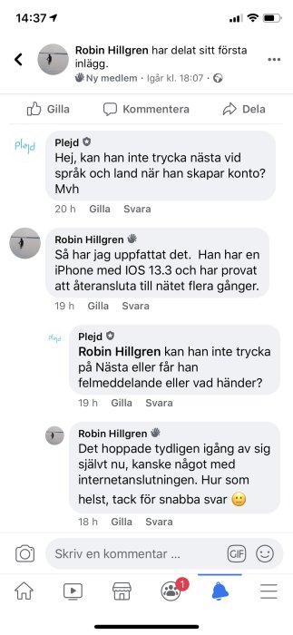 Skärmdump av en diskussionstråd i ett forum där användaren Robin Hillgren interagerar med supporten Plejd.