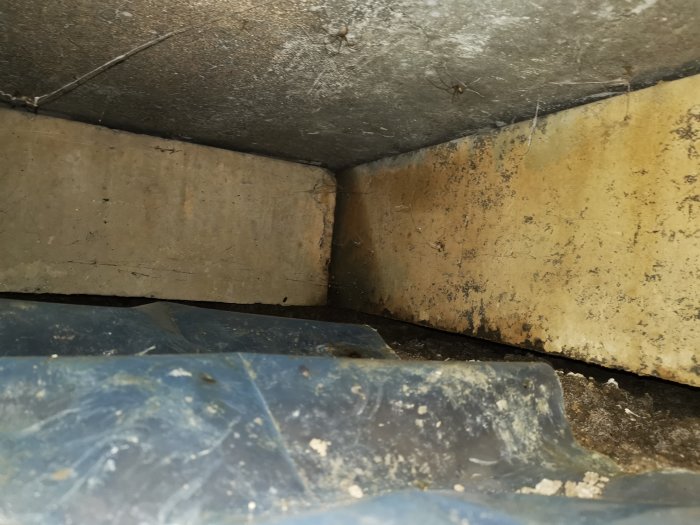 Krypgrund med betongväggar och plast på marken, synliga spindlar och tecken på fukt.