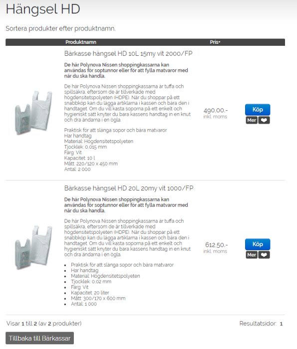 Skärmdump av produktsida med information och priser för hängsel HD-soppåsar.