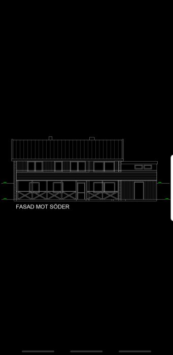 Ritning av altanbygge med två plan, visar fasad mot söder med dimensioner och struktur.