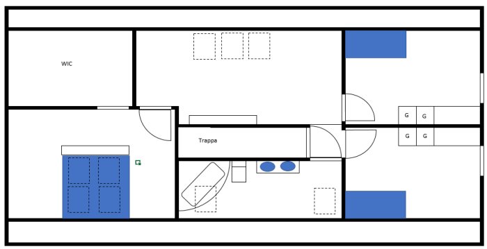 Skiss av bottenplan för ett 1,5-planshus med ryggåstak, som inkluderar en trappa, vardagsrum, WIC och markerade garageplatser.