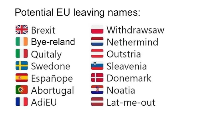 Lista över ordlekar med EU-ländernas namn och flaggor som föreslår att de skulle lämna EU, som "Brexit".