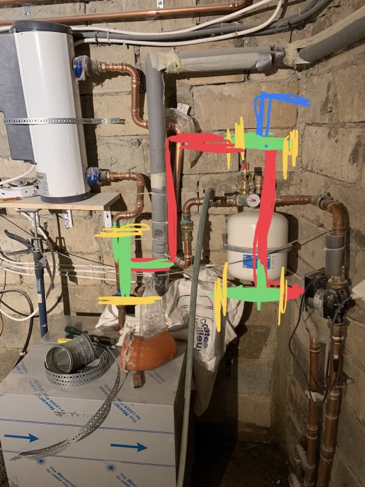 Installation av en Nibe Elk 213 och expansionskärl i ett pannrum med markeringar som visar rördragningar och systemkomponenter.