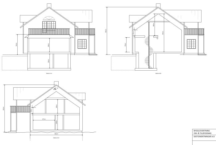 Arkitektritningar för husutbyggnad inklusive sektionsvyer och mått för bygglovsansökan.