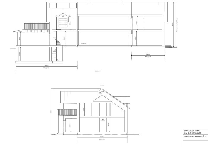 Arkitektoniska ritningar som visar sektionsvyer E & F för en husutbyggnad, inklusive mått och konstruktionsdetaljer.