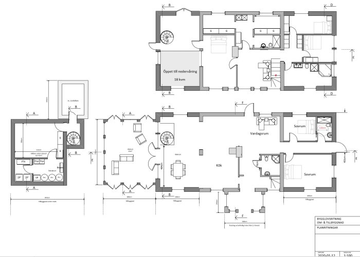 Arkitektonisk bygglovsritning av en utbyggnad av ett enfamiljshus som visar planlösningen.