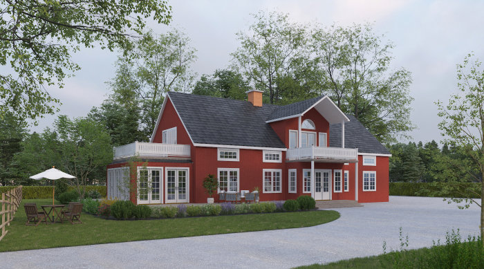 3D-rendering av ett rött hus med svart tak, veranda och en trädgård med möbler och grönska.