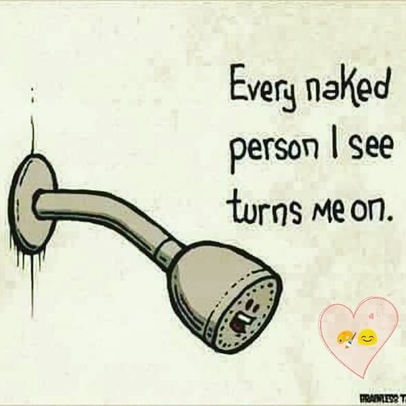 Illustration av en duschmunstycke med text "Every naked person I see turns me on." samt emojis som uttrycker skratt och kärlek.