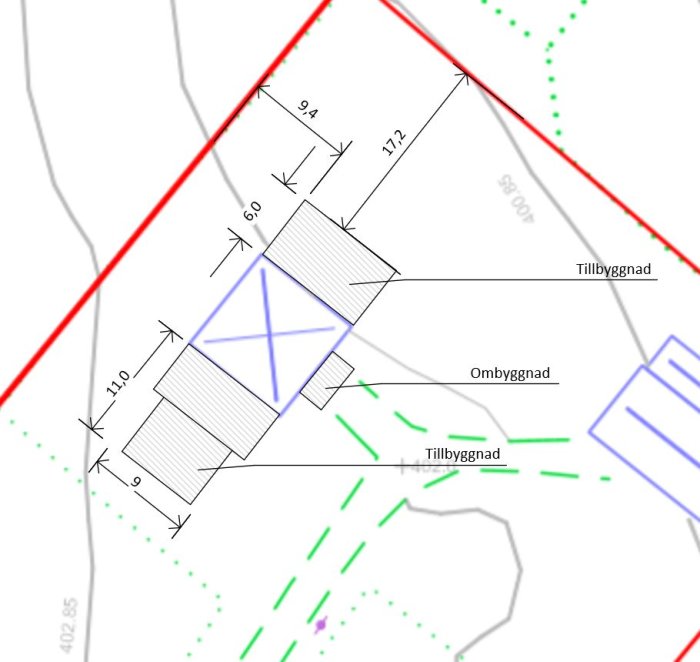 Situationsplan som visar befintliga och planerade byggnader med måttangivelser och höjdsiffra 402,85.