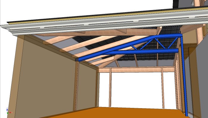 3D-modell av ett byggprojekt som visar pelare, takstol och innerväggsupplägg.