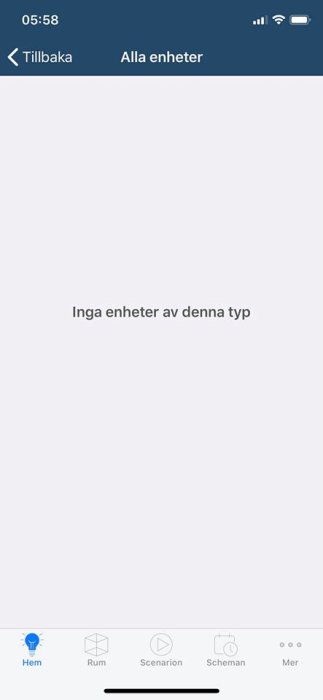 Skärm med meddelandet "Inga enheter av denna typ" i en app för hemautomation.