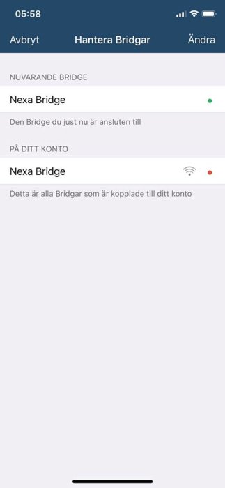 Skärmdump av NEXA Bridge-app med en ansluten Bridge och en frånkopplad Bridge i listan.