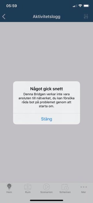 Skärmdump av en felmeddelande som säger "Något gick snett, Bridgen verkar inte vara ansluten till nätverket" från en NEXA Bridge app.