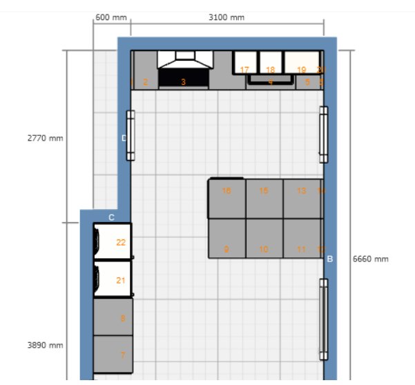 Ritning av planlösning för ett kök som ska renoveras med placering för vitvaror och köksö.