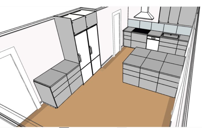 3D-skiss av ett köksrenoveringsprojekt med köksö och arbetsbänkar, planering för ny ugn och häll.