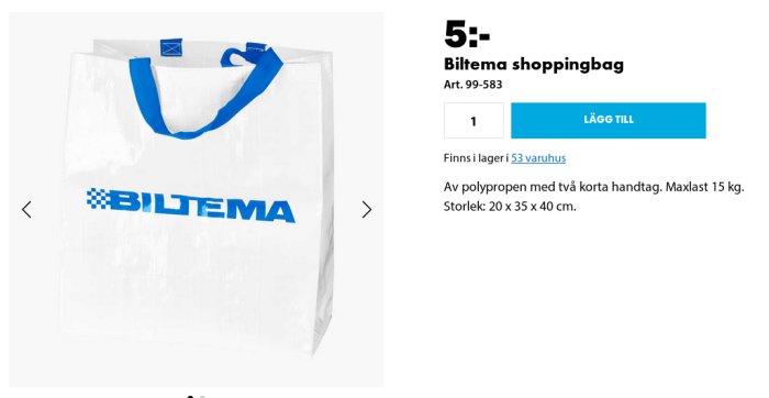 Vit flergångskasse från Biltema med blå handtag och logo.