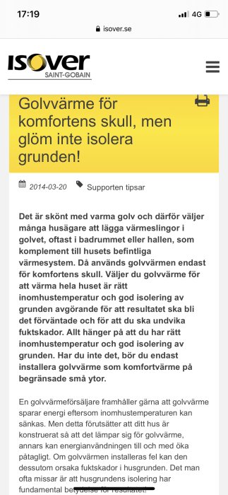 Skärmdump från Isover hemsida om vikten av att isolera grunden vid användning av golvvärme.