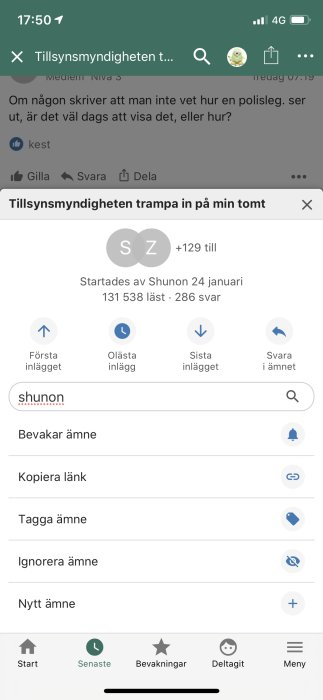 Skärmdump av ett foruminlägg med en diskussion om tillsynsmyndigheten och navigationsknappar.