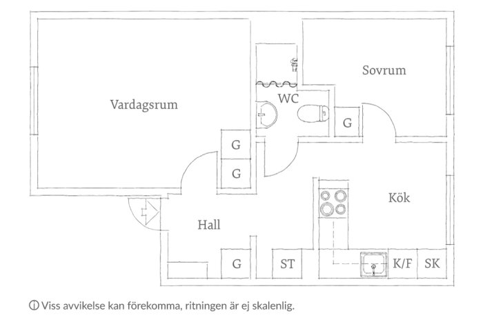 Ritning av en lägenhet med vardagsrum, sovrum, kök, hall och WC, avsedd för renoveringsplanering.