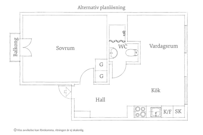 Skiss över alternativ planlösning för en lägenhet med öppet kök och vardagsrum, sovrum och balkong.