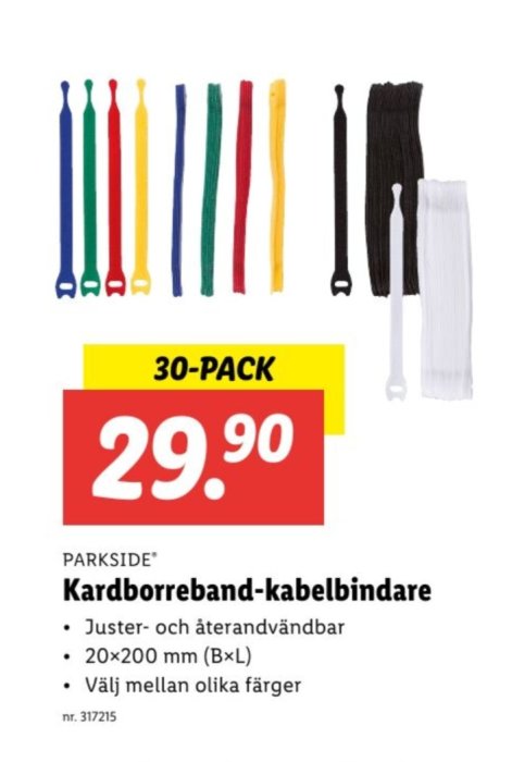 Flerfärgade kardborreband-kabelbindare i en 30-pack förpackning som annonseras för 29.90.