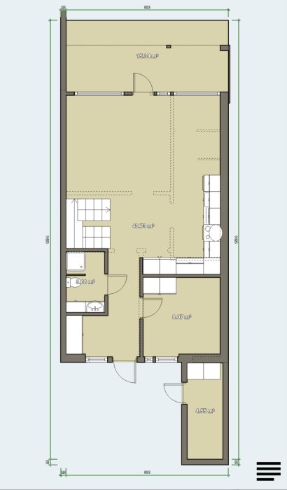 Ritning av en nybyggd parhuslägenhet med öppen planlösning för kök och vardagsrum, ej möblerad.