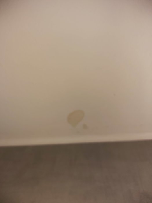 Vägg med fuktfläck ovanför golvet, tecken på möjlig vattenläcka.