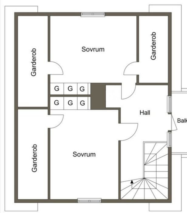 Ritning av en lägenhetsplanlösning med två sovrum, garderober, hall och balkong, för förslag på ett tredje sovrum.