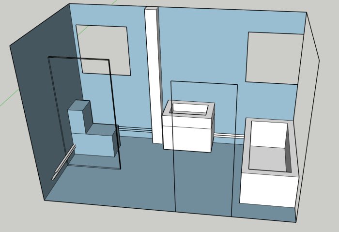 3D-skiss av badrumsplanlösning med dusch, badkar, toalett och synliga rör.