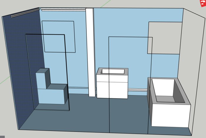 3D-skiss av badrum med rördragning i taket från luftningslåda till dusch.