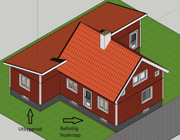 3D-ritning av ett rött hus med utbyggnad och markerade balkar för virkesdimensionering.