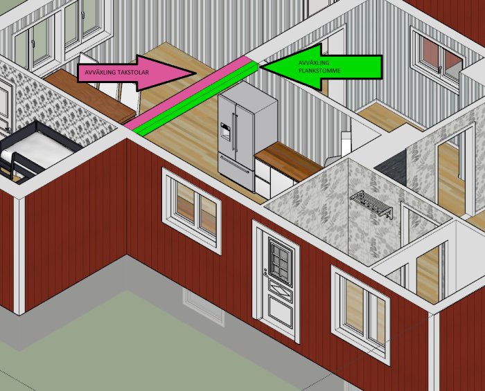 Ritning av husutbyggnad med markerade avväxlingar för takstolar och plankstomme.