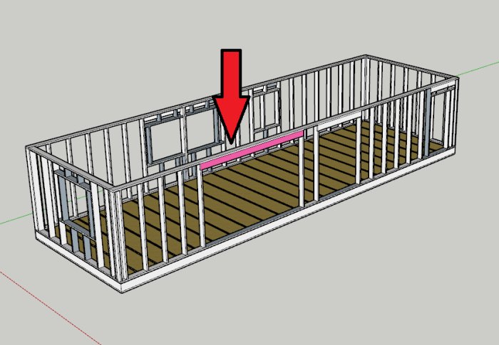 3D-ritning av en husutbyggnad med markerade balkar för lastupptagning.