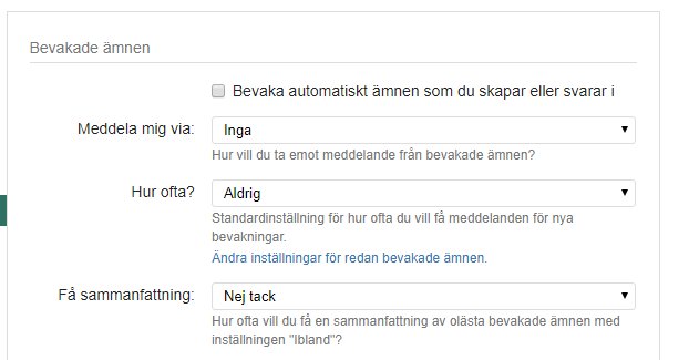 Skärmdump av foruminställningar för att bevaka ämnen och välja meddelandefrekvens.