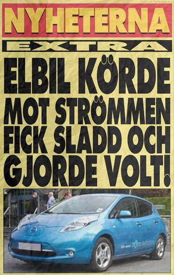 Förstasida på tidning med rubrik om elbil som fick sladd och voltade, inkluderar bild på blå Nissan Leaf.