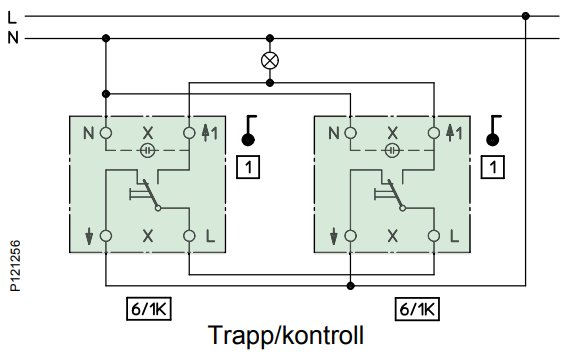 Elektrisk kopplingsschema för trapp/kontroll med modellbeteckning 6/1K och intern kontrollampa.