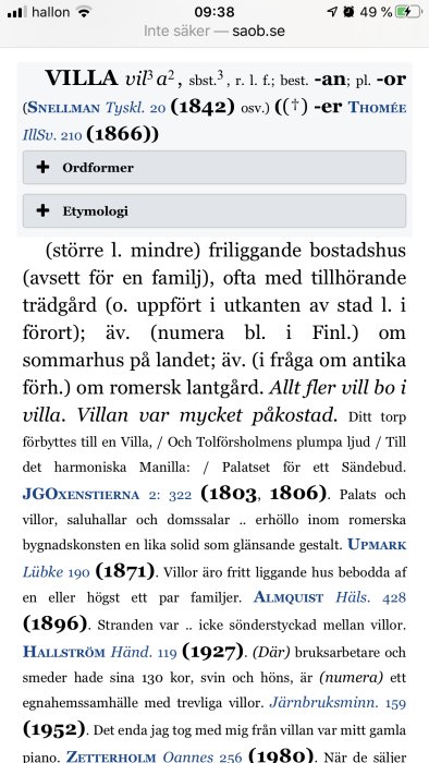 Skärmbild av en online ordbok uppvisar definitionen och etymologin av ordet "villa".