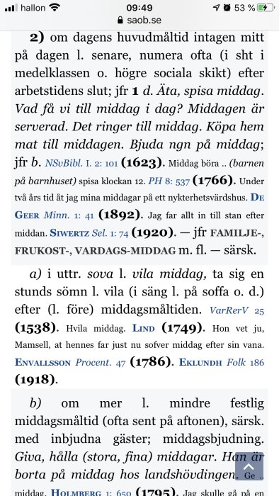 Skärmdump av en svensk ordbokssida som definierar ordet "middag" och dess användning i olika sammanhang.