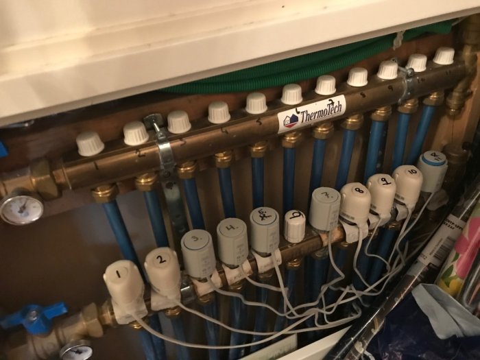 Termotech golvvärmefördelare med uppmärkta ställdon och ledningar för en villa.