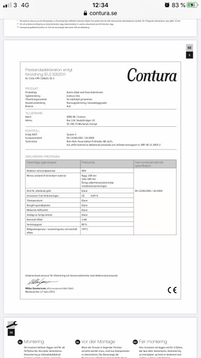 Screenvisning av prestandadeklaration för Contura-kamin med tekniska specifikationer och tillverkarinformation.